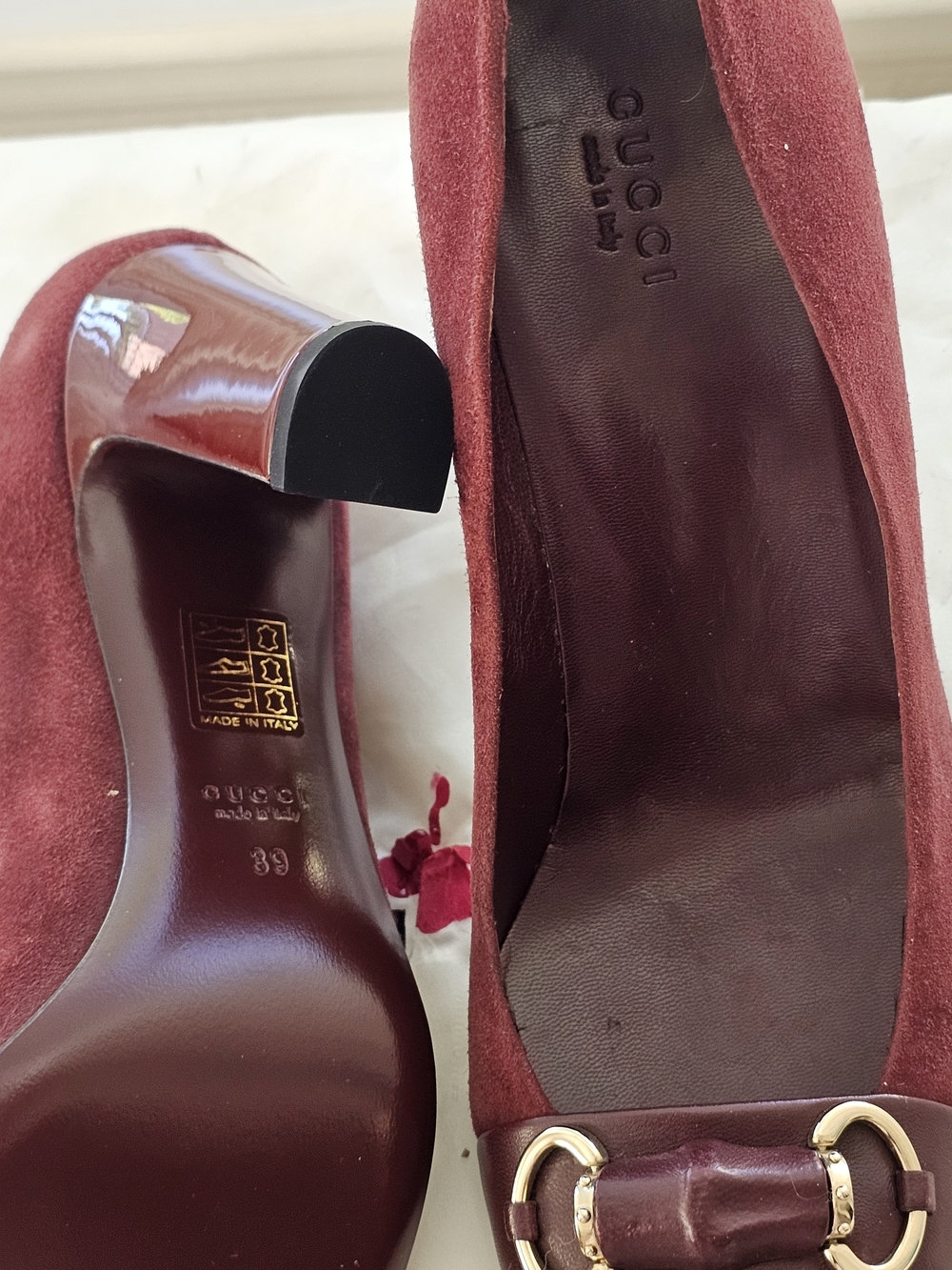 Gucci Women's Burgundy Suede & Patent Leather Horsebit Pumps. Heel 3.5 Inches - Picture 4 of 5